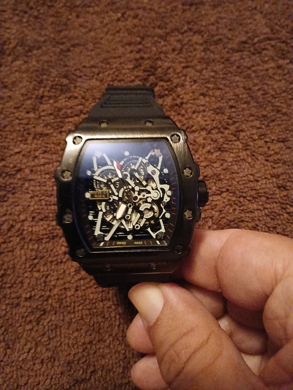 Black Skeleton Dial Men's Sports Watch with Black Strap